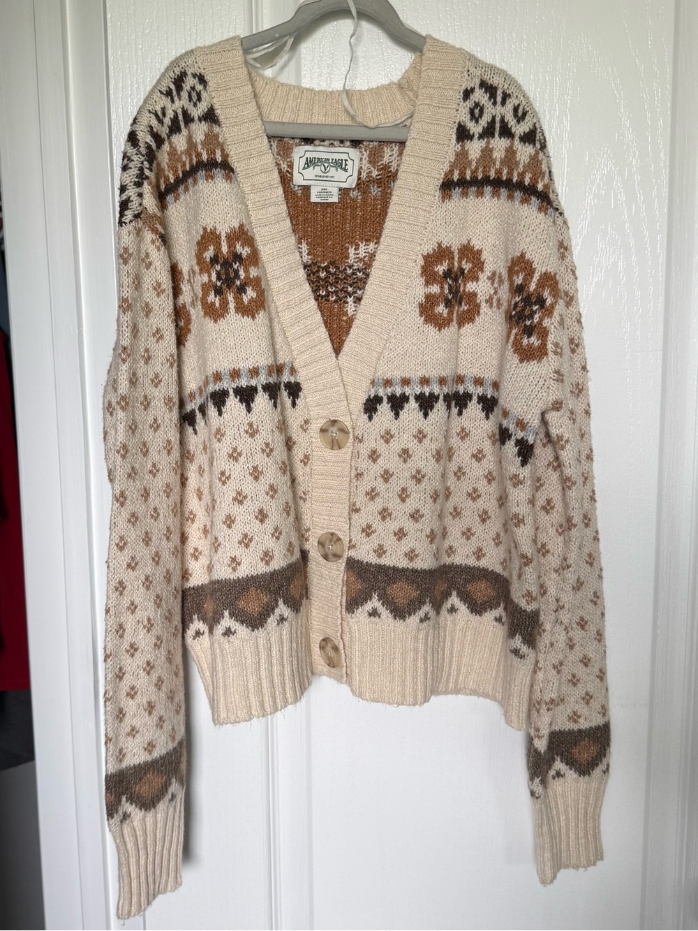 AEO Beige & Brown Fair Isle V-Neck Cardigan Sweater